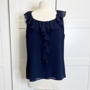 St John Navy Blue Crepe Chiffon Ruffle Tank Cami Large